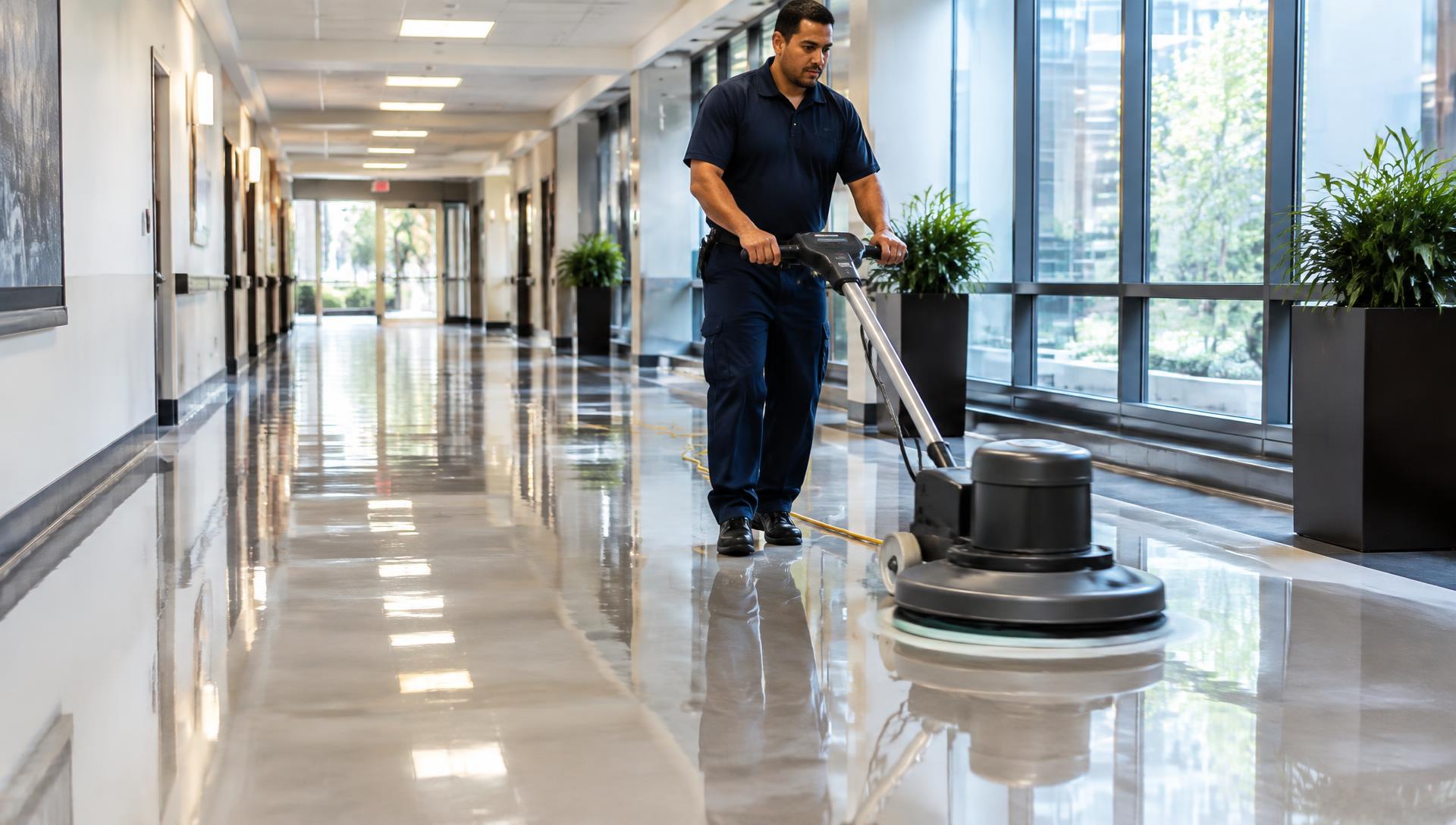 Janitor burnishing a freshly waxed commercial hallway floor