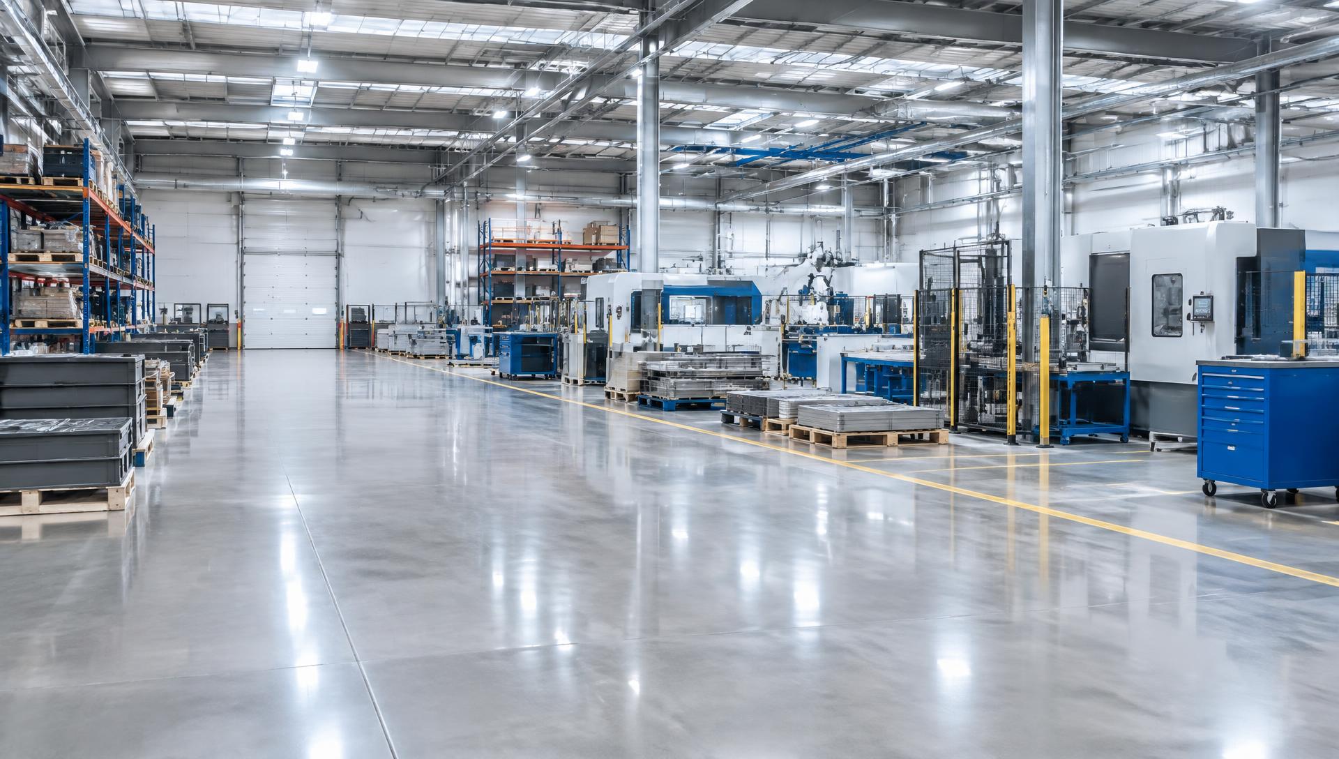 Clean industrial factory floor with polished concrete