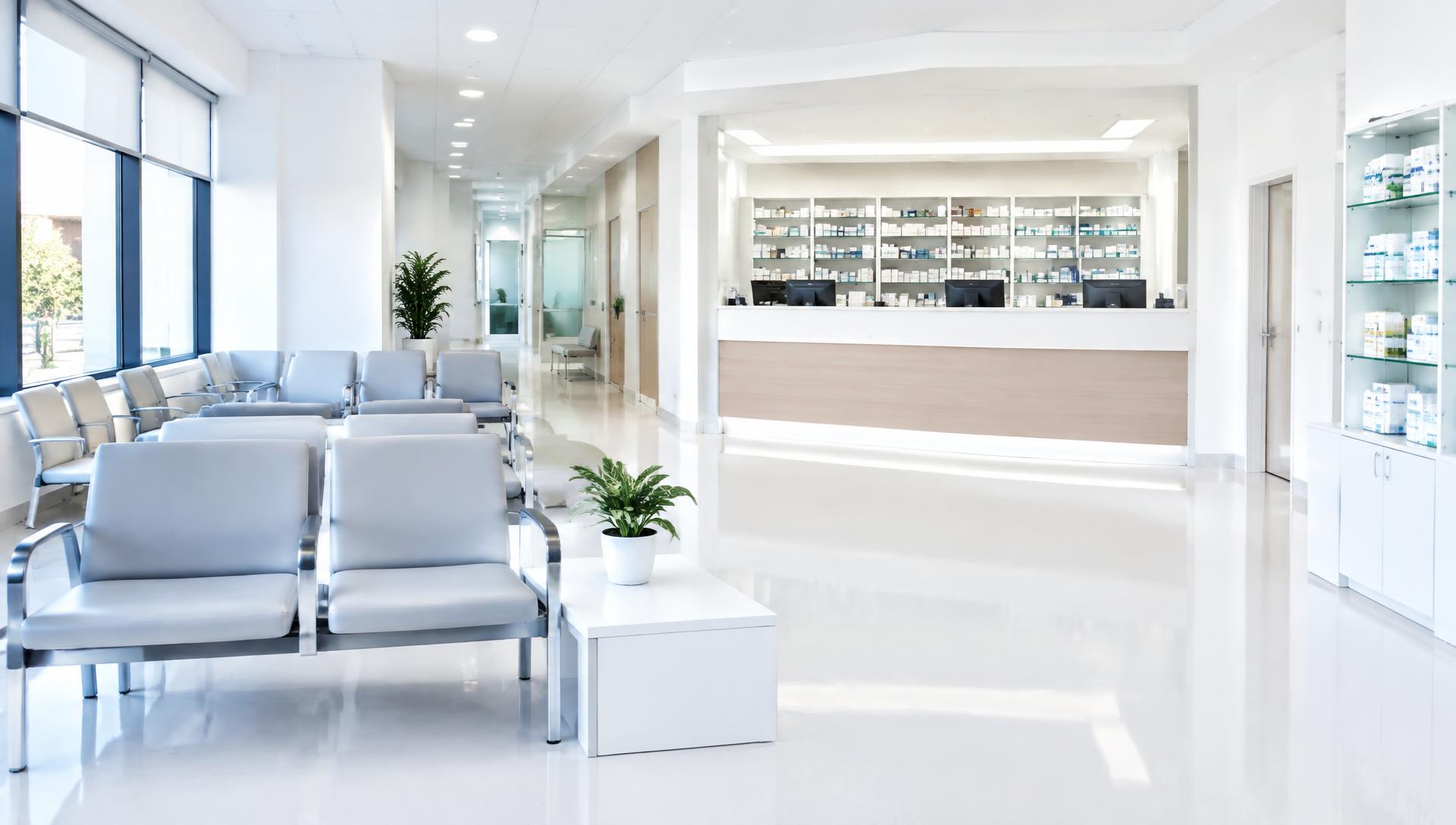 Clean, bright pharmacy and medical clinic waiting area