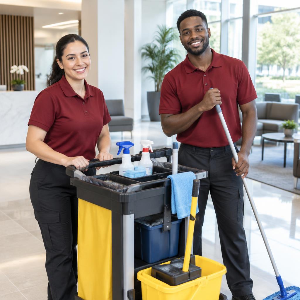 Professional Spic & Span Commercial team member cleaning a modern office